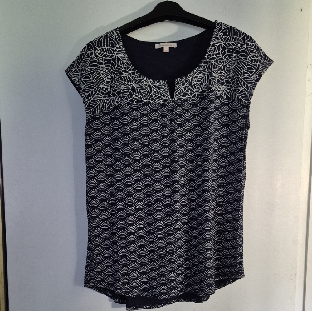 Skies Are Blue Navy Top with White Patterns